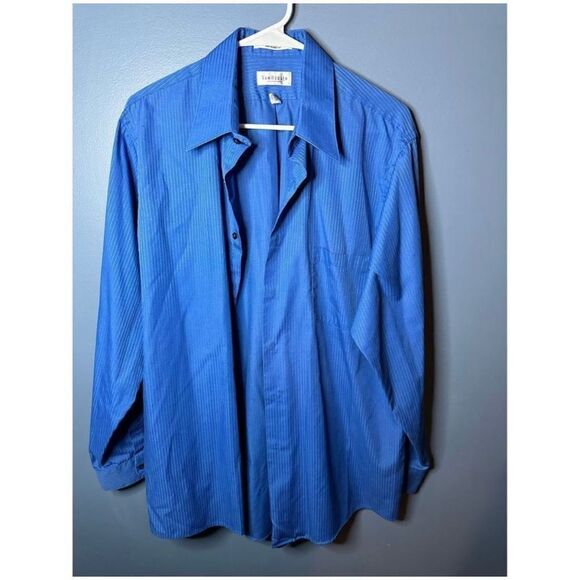 Van Heusen Satin Striped Dress Shirt Blue Long Sleeve Button Up Mens Large 16.5n - Picture 1 of 4